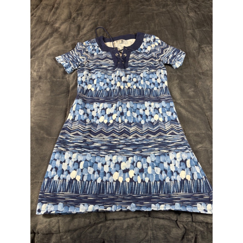 Tommy Bahama‎ Womens Blue Abstract Geometric Lace Up Short Sleeve Shift Dress S
